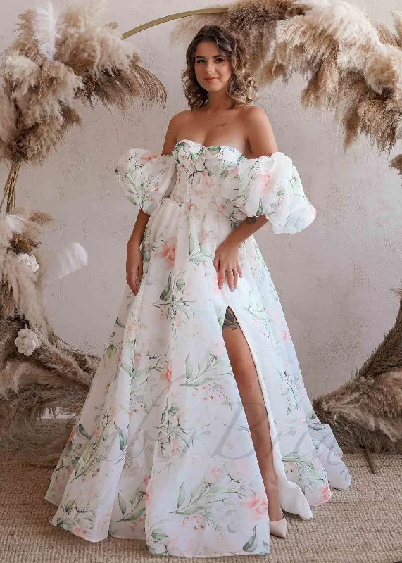 How to pick the right wedding dress style for your venue-A-Line Organza Wedding Dress with Floral Paintings and Off-Shoulder Design How to pick the right wedding dress style for your venue-A-Line Organza Wedding Dress with Floral Paintings and Off-Shoulder Design