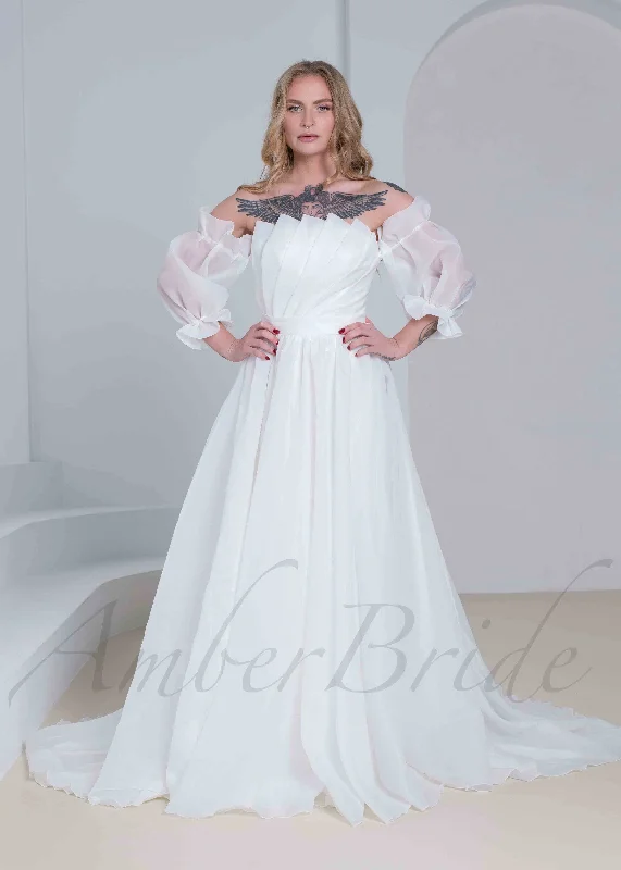 Elegant wedding dresses for formal ceremonies-A Line Organza Wedding Dress with Folded Bodice and Detachable Puffy Sleeves Elegant wedding dresses for formal ceremonies-A Line Organza Wedding Dress with Folded Bodice and Detachable Puffy Sleeves