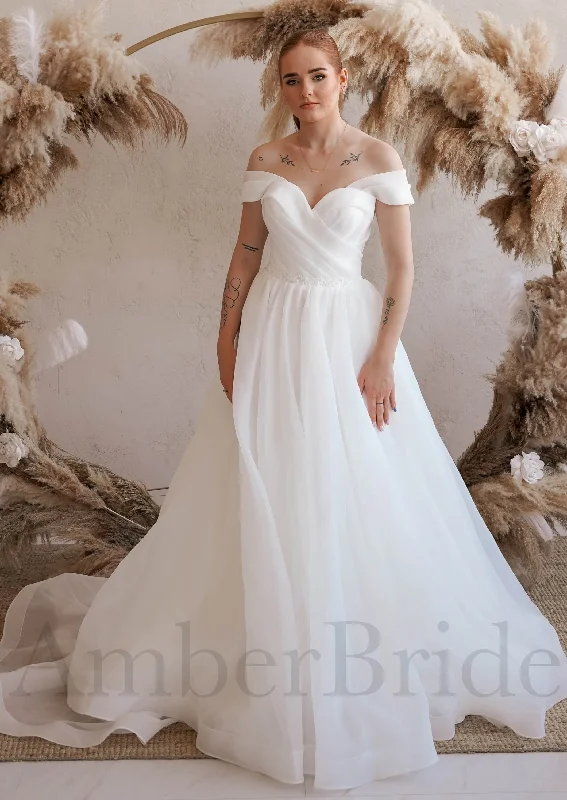 Best wedding dresses for spring or summer weddings-A Line Organza Wedding Dress with Off Shoulder Sweetheart Neckline Best wedding dresses for spring or summer weddings-A Line Organza Wedding Dress with Off Shoulder Sweetheart Neckline