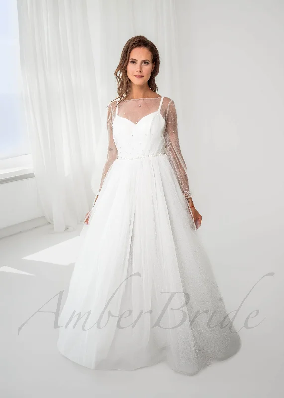 Wedding dresses with detailed beadwork for glamour-A-Line Tulle Wedding Dress with Long Puffy Sleeves and Spaghetti Straps Wedding dresses with detailed beadwork for glamour-A-Line Tulle Wedding Dress with Long Puffy Sleeves and Spaghetti Straps
