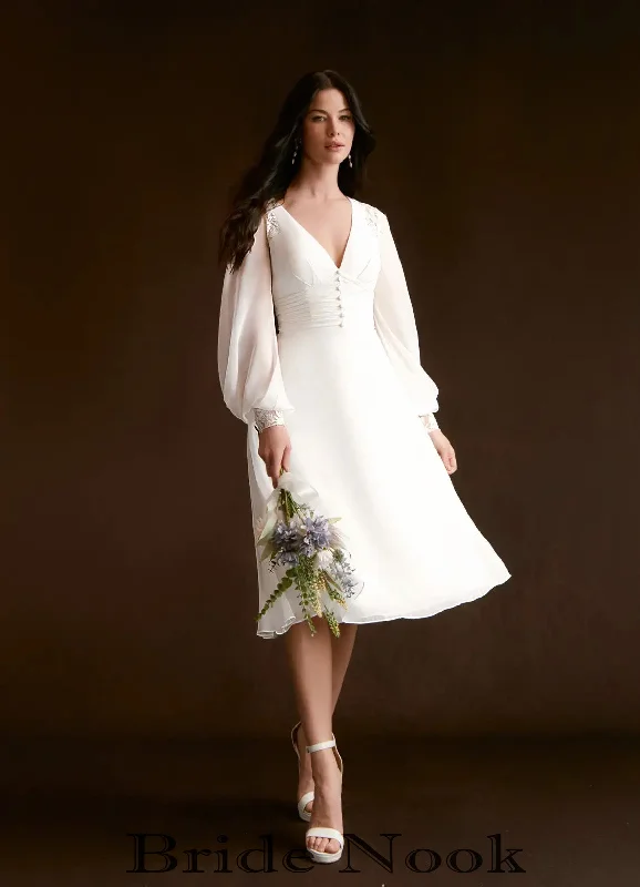 A Line V-Neck Short Wedding Dress With Long sleeves | Bride Nook
