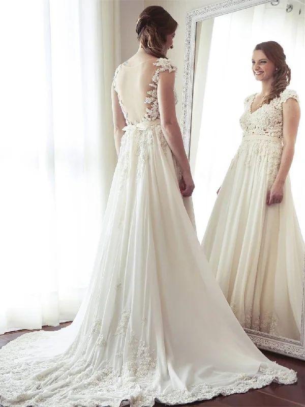 A-line V-Neck Sweep Train Chiffon Appliqued Wedding Dresses SWD002