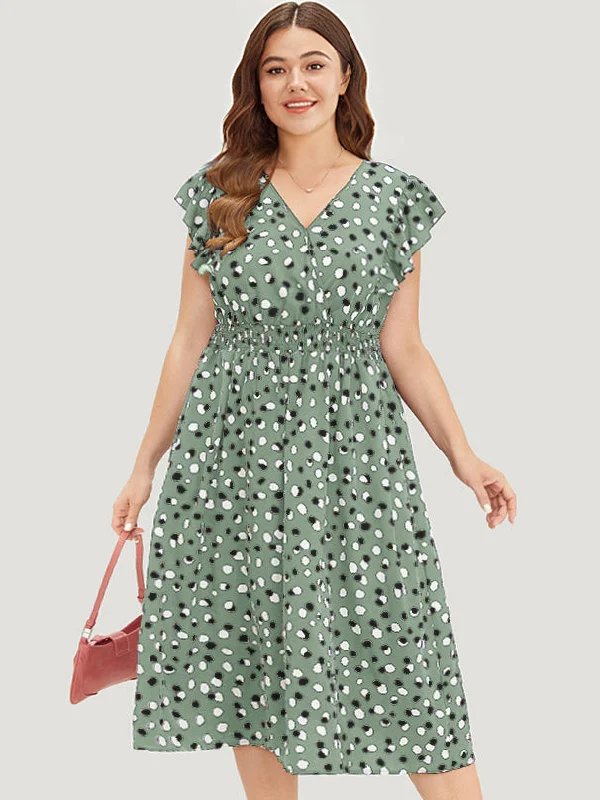 Wedding dresses with ruffles for added texture-Allover Print Pocket Wrap Flutter Cap Sleeve Dress Wedding dresses with ruffles for added texture-Allover Print Pocket Wrap Flutter Cap Sleeve Dress