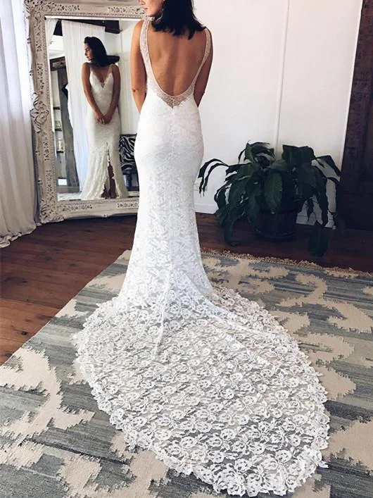 Wedding dresses with luxurious detailing for a show-stopping look-Alluring Lace V-neck Neckline Sheath Wedding Dresses With Slit WD074 Wedding dresses with luxurious detailing for a show-stopping look-Alluring Lace V-neck Neckline Sheath Wedding Dresses With Slit WD074