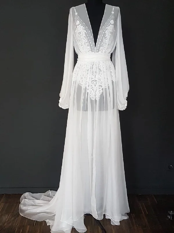 Amazing Illusion Chiffon V-Neck LongSleeves A-line Wedding Dresses Lace Bridal Gowns WD462 Amazing Illusion Chiffon V-Neck LongSleeves A-line Wedding Dresses Lace Bridal Gowns WD462