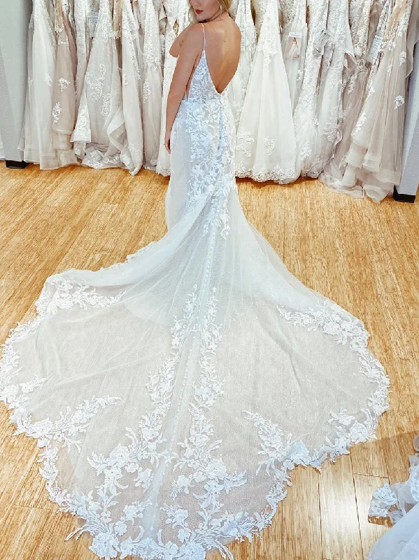 Wedding dresses with ruffles for added texture-Amazing Spaghetti Straps Appliques Lace Wedding Dresses Mermaid Chapel Train Bridal Gowns WD435 Wedding dresses with ruffles for added texture-Amazing Spaghetti Straps Appliques Lace Wedding Dresses Mermaid Chapel Train Bridal Gowns WD435