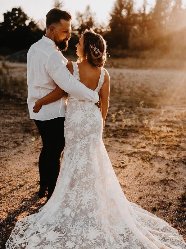 Amazing V-Neck Lace Appliuqed Slit Wedding Dresses Mermaid Backless Bridal Gowns WD430 Amazing V-Neck Lace Appliuqed Slit Wedding Dresses Mermaid Backless Bridal Gowns WD430