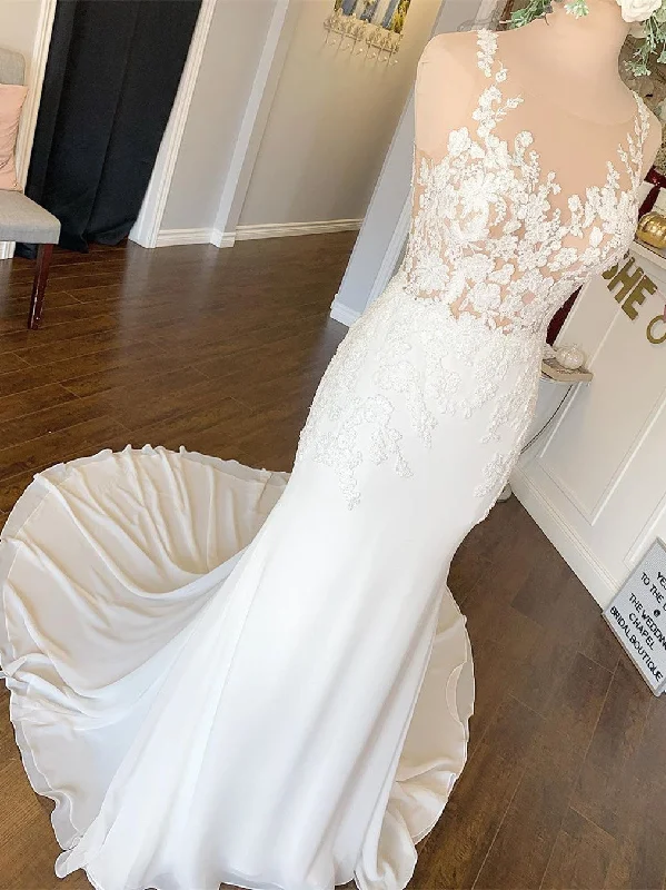 Wedding dresses with simple elegance for a classic look- -Appliqued Chiffon Wedding Dresses Mermaid Illusion Bridal Gowns WD288 Wedding dresses with simple elegance for a classic look- -Appliqued Chiffon Wedding Dresses Mermaid Illusion Bridal Gowns WD288