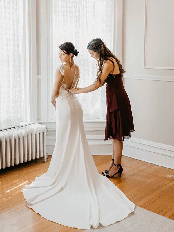 Wedding dresses with tulle skirts for a dreamy look-Appliqued Lace Mermaid V-neck Neckline Sleeveless Beads Sweep Train Wedding Dresses WD341 Wedding dresses with tulle skirts for a dreamy look-Appliqued Lace Mermaid V-neck Neckline Sleeveless Beads Sweep Train Wedding Dresses WD341