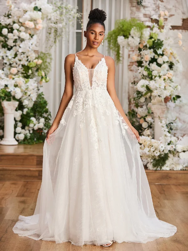 Wedding dresses with simple designs for a minimalist bride-Appliqued Plunging V-neck Spaghetti Straps Wedding Dress Ivory Wedding dresses with simple designs for a minimalist bride-Appliqued Plunging V-neck Spaghetti Straps Wedding Dress Ivory