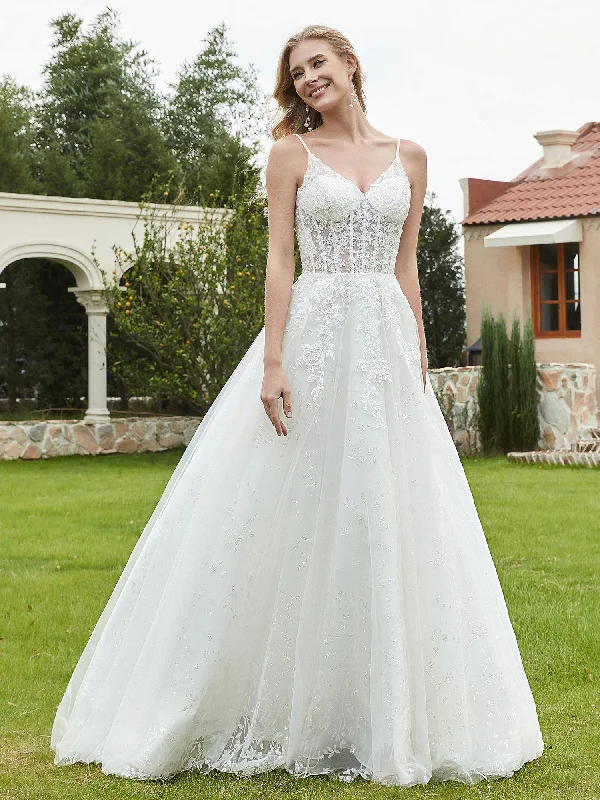 Wedding dresses for an elegant garden ceremony-Appliqued Spaghetti Straps Tulle Lace Wedding Dress Ivory Wedding dresses for an elegant garden ceremony-Appliqued Spaghetti Straps Tulle Lace Wedding Dress Ivory
