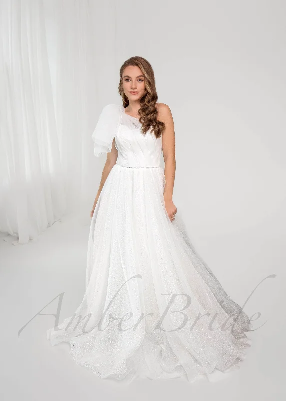 Affordable wedding dresses with long sleeves-Asymmetrical A Line Sequin Organza Wedding Dress with One Shoulder Bow Affordable wedding dresses with long sleeves-Asymmetrical A Line Sequin Organza Wedding Dress with One Shoulder Bow