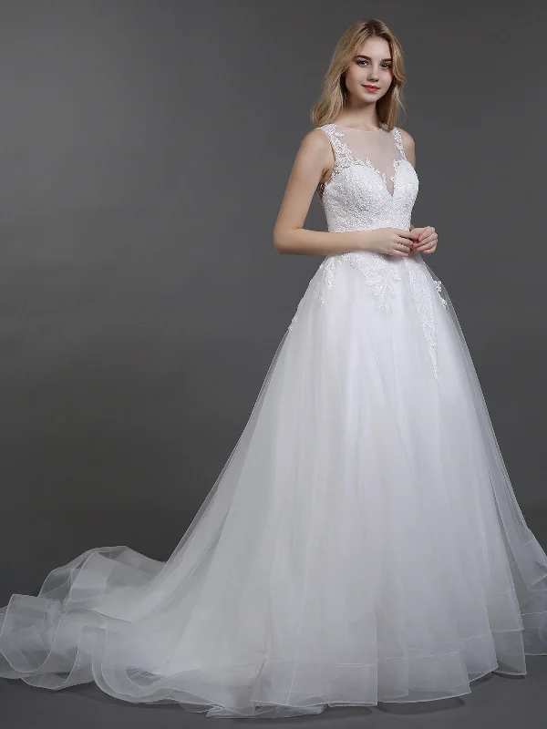 Best wedding dresses for a classic style-Illusion Neck Lace and Tulle Wedding Dress-Ivory Best wedding dresses for a classic style-Illusion Neck Lace and Tulle Wedding Dress-Ivory