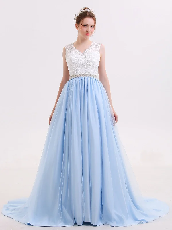 Wedding dresses with intricate beadwork for sparkle-Lace Bodice Tulle Skirt Bridal Dress with Sash-Sky Blue Wedding dresses with intricate beadwork for sparkle-Lace Bodice Tulle Skirt Bridal Dress with Sash-Sky Blue