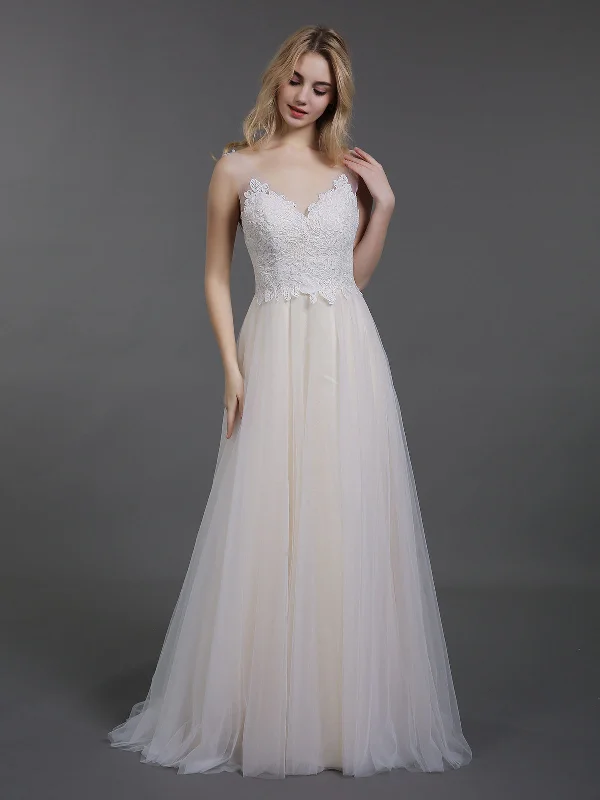 Wedding dresses for plus-size brides seeking comfort-Lace Bodice Tulle Skirt Sweep Train Bridal Gown-Champagne Wedding dresses for plus-size brides seeking comfort-Lace Bodice Tulle Skirt Sweep Train Bridal Gown-Champagne