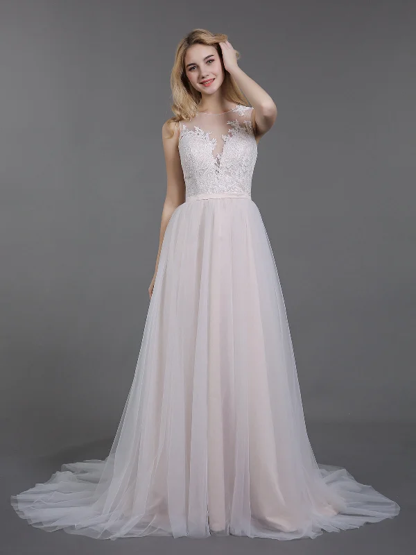 Best wedding dresses with simple yet elegant designs-Lace and Tulle Wedding Dress with Button Back-Champagne Best wedding dresses with simple yet elegant designs-Lace and Tulle Wedding Dress with Button Back-Champagne