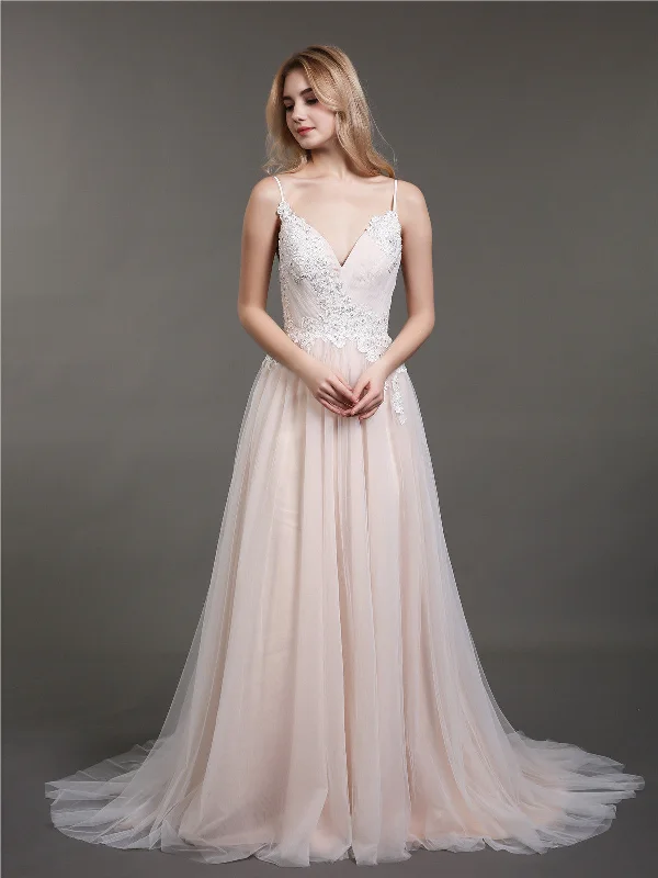 Wedding dresses with clean lines for a minimalist appearance-Spaghetti Strap V-neck Wedding Dress with Train-Champagne Wedding dresses with clean lines for a minimalist appearance-Spaghetti Strap V-neck Wedding Dress with Train-Champagne
