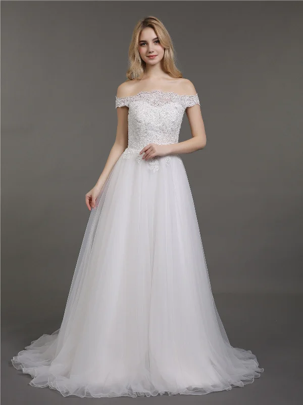 Wedding dresses with a vintage flair for a classic feel-Off the Shoulder Lace and Tulle Wedding Gown-Ivory Wedding dresses with a vintage flair for a classic feel-Off the Shoulder Lace and Tulle Wedding Gown-Ivory