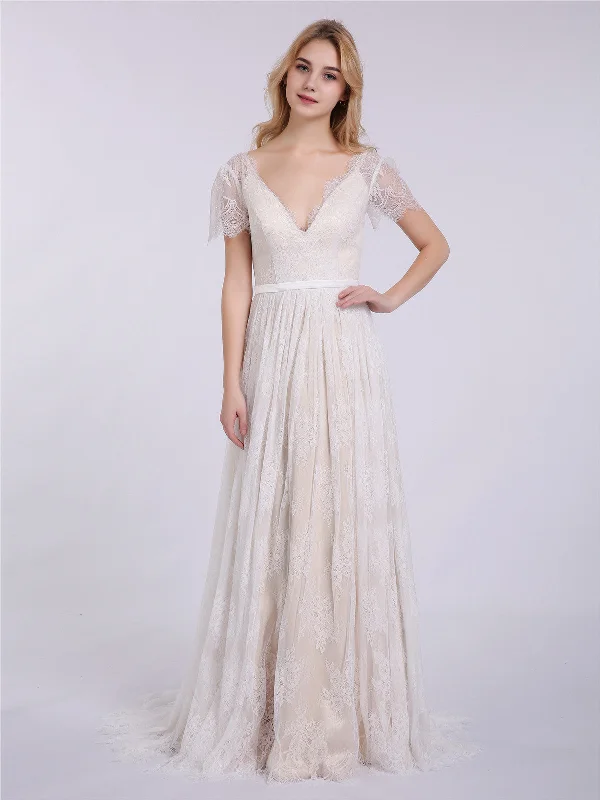 Wedding dresses with long sleeves for a sophisticated style-V-neck Lace Wedding Dress with Short Sleeves-Champagne Wedding dresses with long sleeves for a sophisticated style-V-neck Lace Wedding Dress with Short Sleeves-Champagne