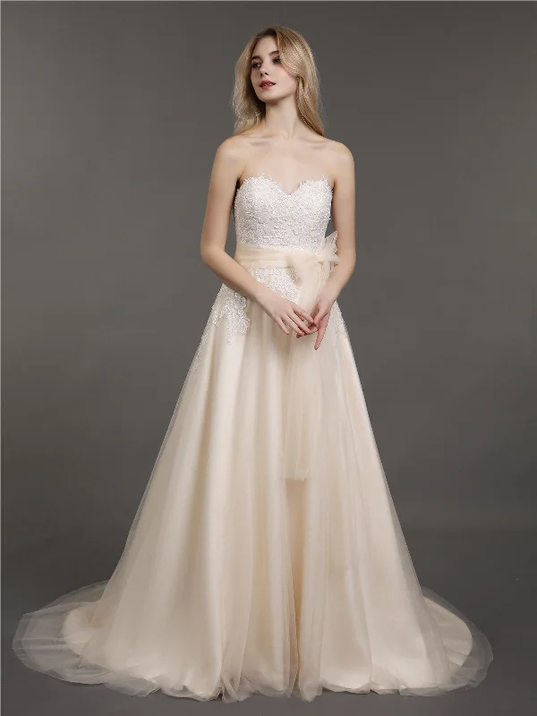 Wedding dresses for rustic or barn weddings-Strapless Sweetheart Neck Bridal Gown with Bow-Champagne Wedding dresses for rustic or barn weddings-Strapless Sweetheart Neck Bridal Gown with Bow-Champagne
