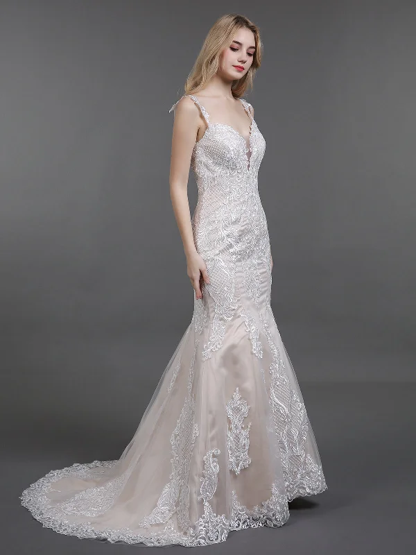 Wedding dresses with sheer details for a modern twist-Vintage Lace Mermaid Wedding Dress with Train-Champagne Wedding dresses with sheer details for a modern twist-Vintage Lace Mermaid Wedding Dress with Train-Champagne