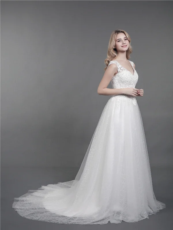 Wedding dresses with floral embroidery for a romantic feel-Shoulder Strap Lace Wedding Gown with Train-Ivory Wedding dresses with floral embroidery for a romantic feel-Shoulder Strap Lace Wedding Gown with Train-Ivory