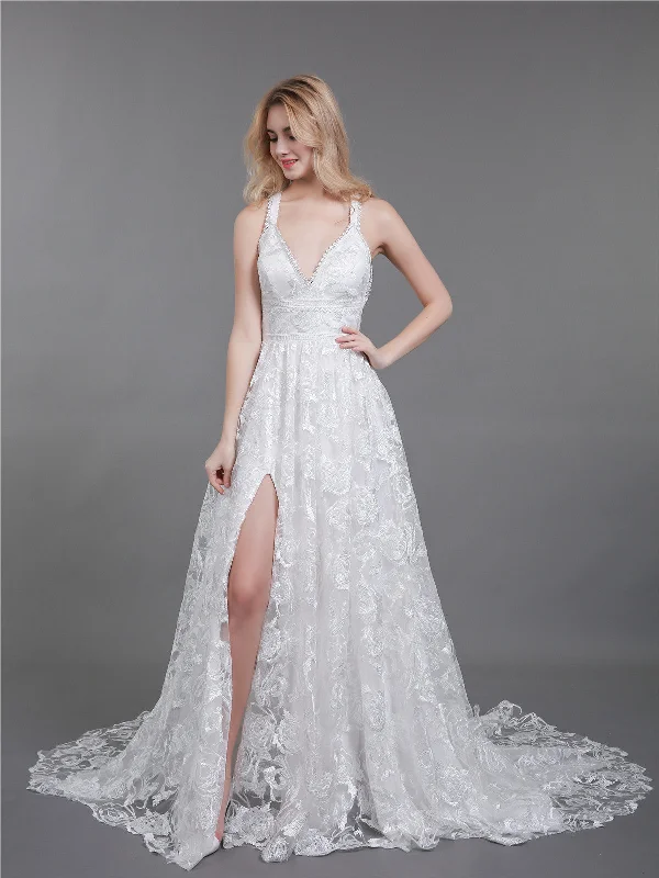 Wedding dresses with halter necklines for added style-Lower Back Lace Wedding Dress with Slit-Ivory Wedding dresses with halter necklines for added style-Lower Back Lace Wedding Dress with Slit-Ivory