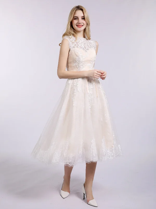 Vintage-inspired wedding dresses for a retro look-Illusion Neck Lace Short Wedding Dress with Bow-Champagne Vintage-inspired wedding dresses for a retro look-Illusion Neck Lace Short Wedding Dress with Bow-Champagne