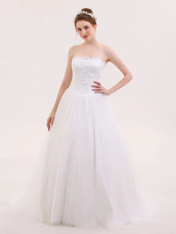 Wedding dresses with open back details-Tulle with Appliqued Strapless Bridal Dress-Ivory Wedding dresses with open back details-Tulle with Appliqued Strapless Bridal Dress-Ivory