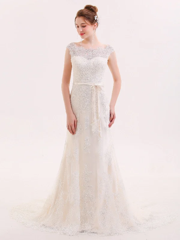 Classic wedding dresses with lace details-Illusion Neck Sheath Lace Wedding Dress-Champagne Classic wedding dresses with lace details-Illusion Neck Sheath Lace Wedding Dress-Champagne