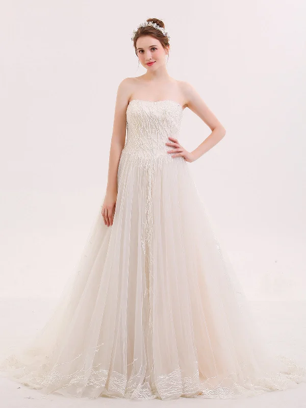 Wedding dresses with high necklines for elegant brides-Ball Gown Strapless Beaded Wedding Dress-Champagne Wedding dresses with high necklines for elegant brides-Ball Gown Strapless Beaded Wedding Dress-Champagne