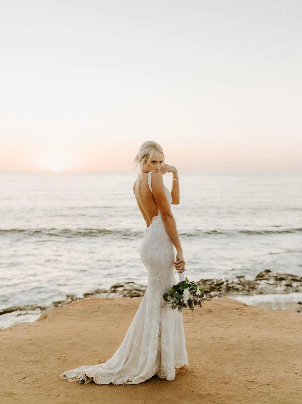 Wedding dresses with detailed beadwork for glamour-Backless V-Neck Lace Sexy Wedding Dresses lSleeveless Mermaid Long Bridal Gowns WD361 Wedding dresses with detailed beadwork for glamour-Backless V-Neck Lace Sexy Wedding Dresses lSleeveless Mermaid Long Bridal Gowns WD361