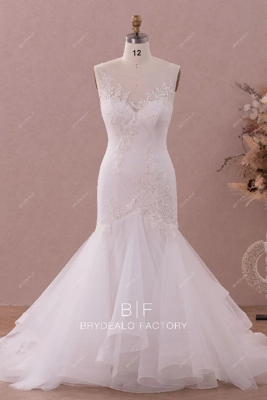 Floral Beaded Applique Top Lace Fishtail Bridal Dress