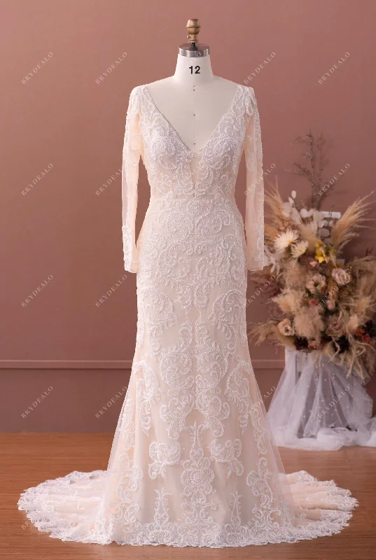 Beaded Lace Sleeved Trendy Mermaid Wedding Dress