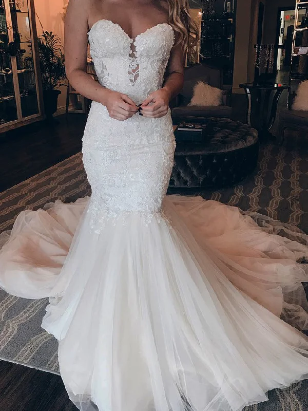 Wedding dresses with a vintage flair for a classic feel-Beautiful Off-The-Shoulder Strapless Tulle Mermaid Long Wedding Dresses With Beaded Appliques WD508 Wedding dresses with a vintage flair for a classic feel-Beautiful Off-The-Shoulder Strapless Tulle Mermaid Long Wedding Dresses With Beaded Appliques WD508