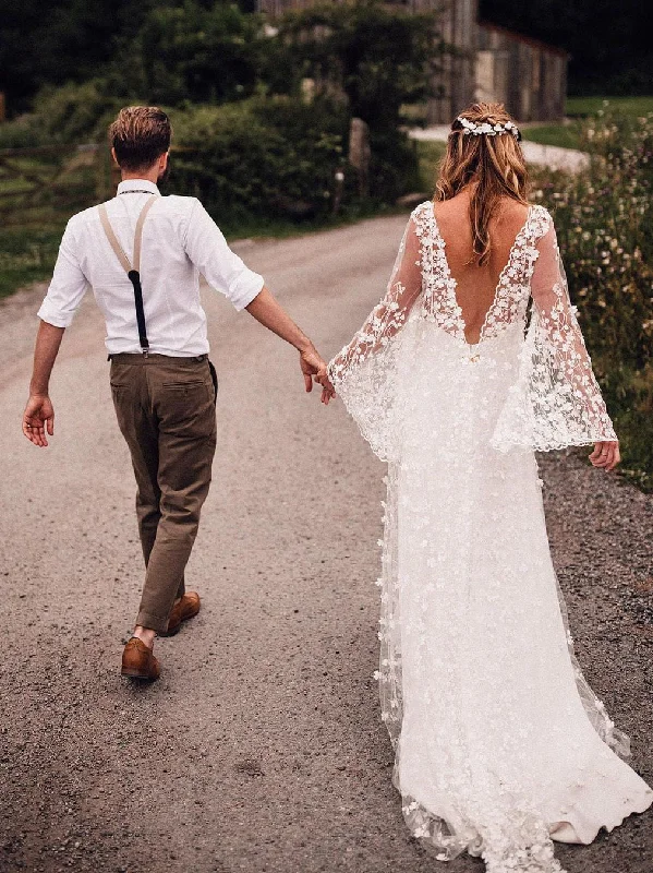 How to make your wedding dress unique to you-Beautiful Tulle Appliqued Backless Long Sleeves Sheath Wedding Dresses WD514 How to make your wedding dress unique to you-Beautiful Tulle Appliqued Backless Long Sleeves Sheath Wedding Dresses WD514