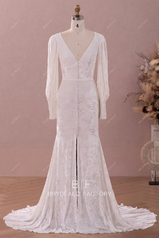 Vintage Bell Sleeve Designer Burnout Velvet Mermaid Fall Bridal Gown