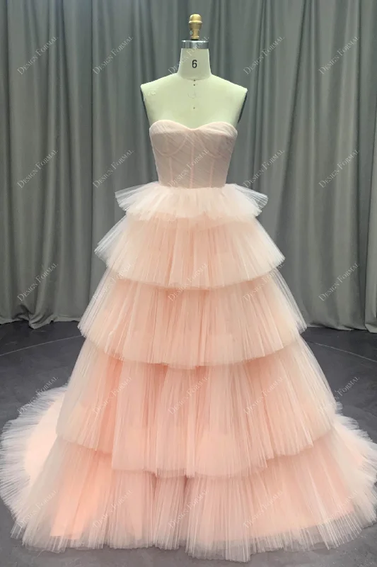 Pink Strapless Tiered Pleated Tulle Bridal Gown