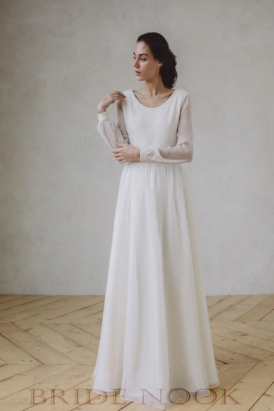 Boat Neck Lace Top Wedding Dress With Long Sleeves