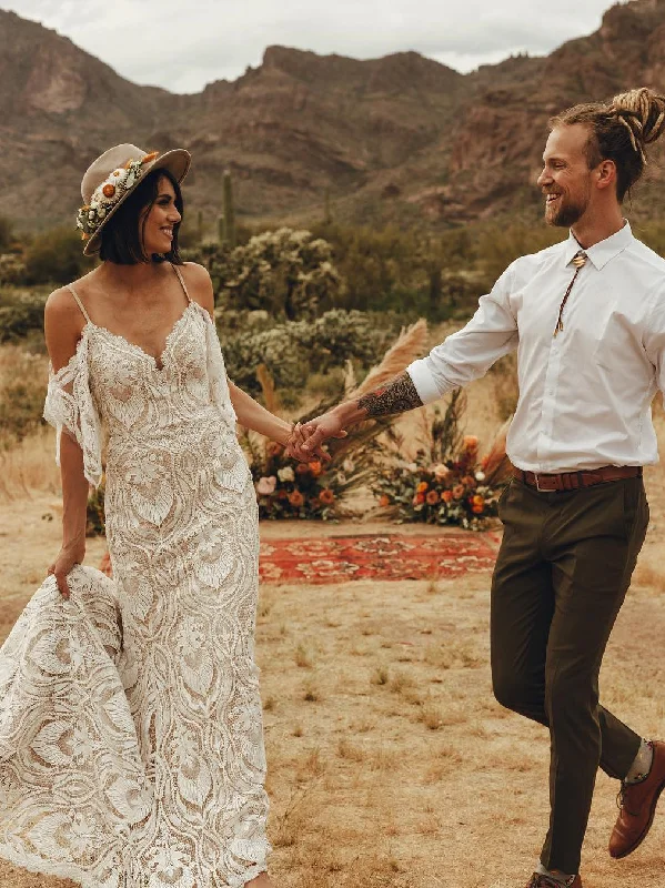 Simple yet elegant wedding dresses for intimate ceremonies-Bohemia Lace Spaghetti Straps Chapel Train Mermaid Wedding Dress WD546 Simple yet elegant wedding dresses for intimate ceremonies-Bohemia Lace Spaghetti Straps Chapel Train Mermaid Wedding Dress WD546