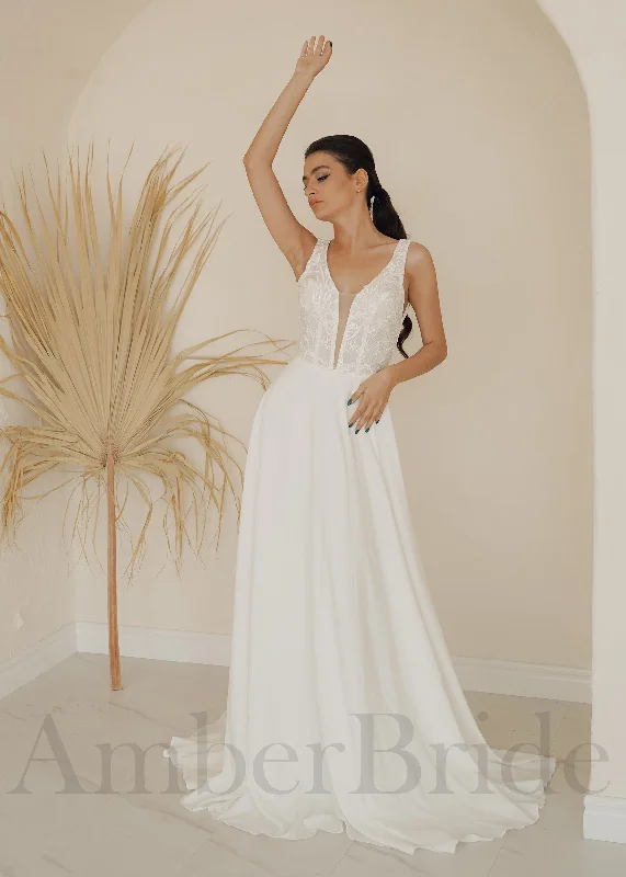 Wedding dresses for an outdoor garden wedding-Boho A-Line Backless Wedding Dress with Chiffon Skirt Wedding dresses for an outdoor garden wedding-Boho A-Line Backless Wedding Dress with Chiffon Skirt