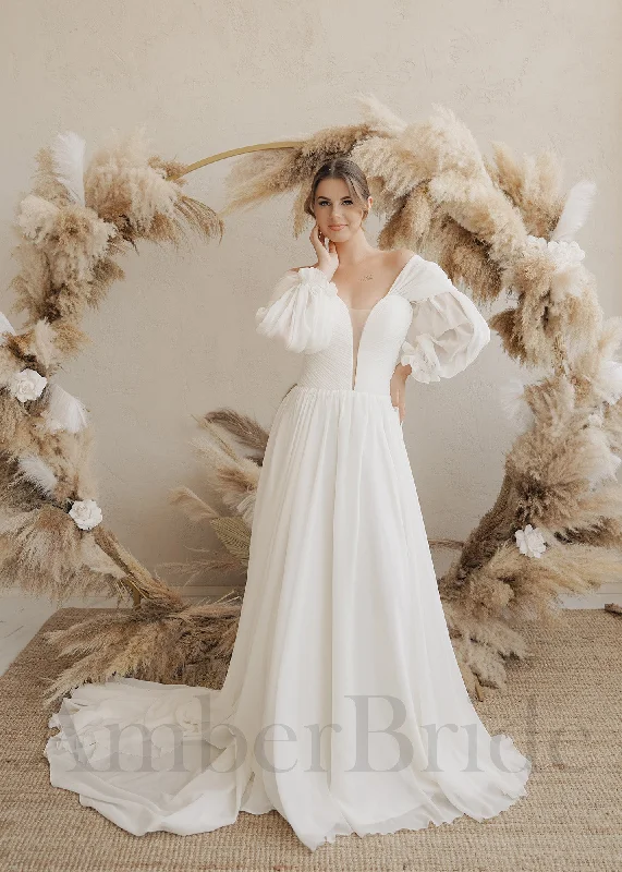 How to choose a wedding dress that suits your personality-Boho A-Line Chiffon Wedding Dress with Detachable Puffy Sleeves How to choose a wedding dress that suits your personality-Boho A-Line Chiffon Wedding Dress with Detachable Puffy Sleeves