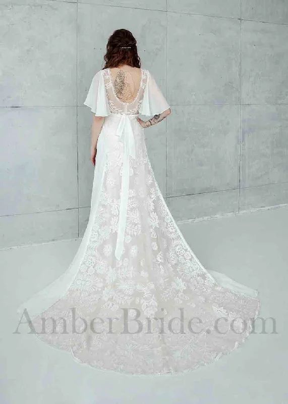 Best wedding dress colors for different skin tones-Boho A-Line Chiffon Wedding Dress with Lace Flowers, Cape Sleeve and Backless Design Best wedding dress colors for different skin tones-Boho A-Line Chiffon Wedding Dress with Lace Flowers, Cape Sleeve and Backless Design
