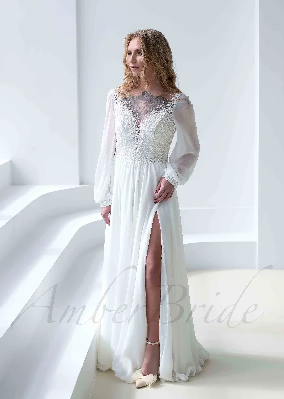 Elegant wedding dresses for winter weddings-Boho A Line Chiffon Wedding Dress with Long Puffy Sleeve and Floral Appliques Elegant wedding dresses for winter weddings-Boho A Line Chiffon Wedding Dress with Long Puffy Sleeve and Floral Appliques
