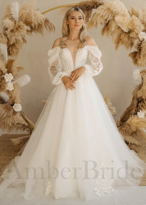 Wedding dresses for a vintage-inspired wedding-Boho A Line Floral Wedding Dress with Long Puffy Sleeves and Deep V-Neck Wedding dresses for a vintage-inspired wedding-Boho A Line Floral Wedding Dress with Long Puffy Sleeves and Deep V-Neck