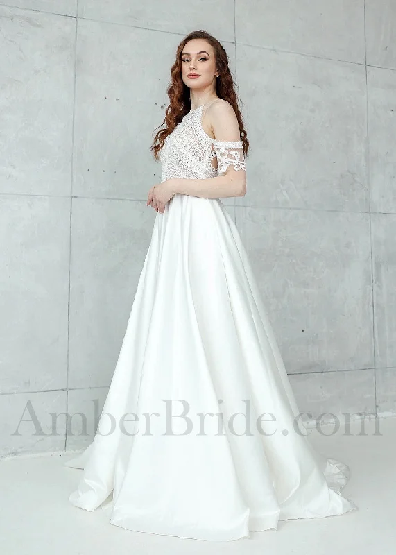 Where to buy wedding dresses for every budget-Boho A-Line High Neck Wedding Dress with Lace Top, Sleeveless Design, and Satin Skirt Where to buy wedding dresses for every budget-Boho A-Line High Neck Wedding Dress with Lace Top, Sleeveless Design, and Satin Skirt
