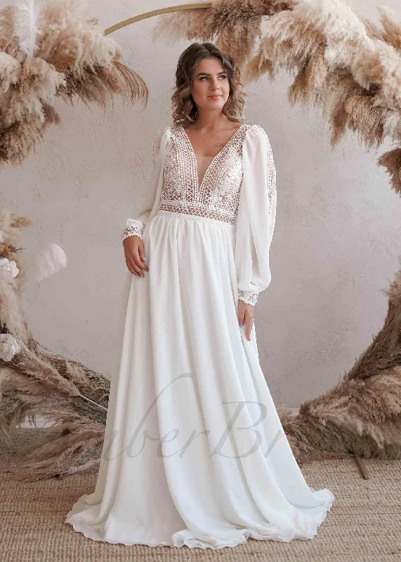 Wedding dresses with floral patterns for a fresh look-Boho A Line Lace and Chiffon Wedding Dress with Bishop Sleeve and Open V-Back Wedding dresses with floral patterns for a fresh look-Boho A Line Lace and Chiffon Wedding Dress with Bishop Sleeve and Open V-Back