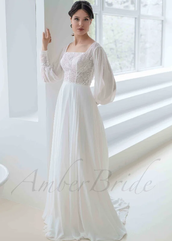 Wedding dresses with satin fabric for a luxurious finish-Boho A Line Lace Wedding Dress with Chiffon Skirt and Square Neck