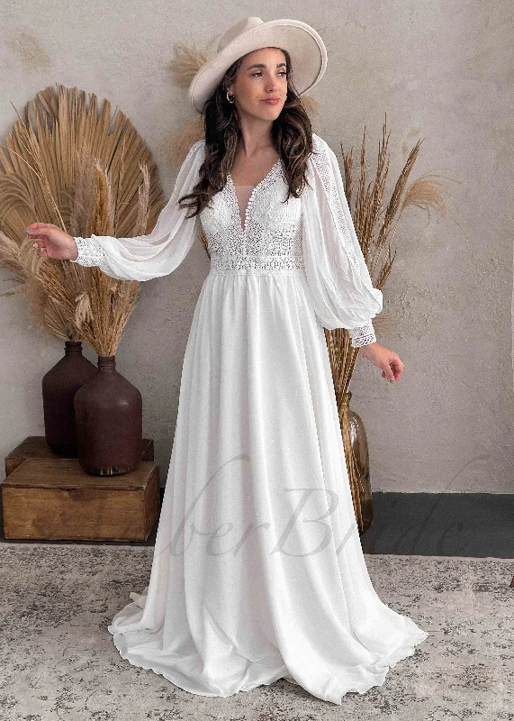 Wedding dresses for brides who want a fairytale look-Boho A Line Lace Wedding Dress with Flowy Chiffon Skirt Wedding dresses for brides who want a fairytale look-Boho A Line Lace Wedding Dress with Flowy Chiffon Skirt