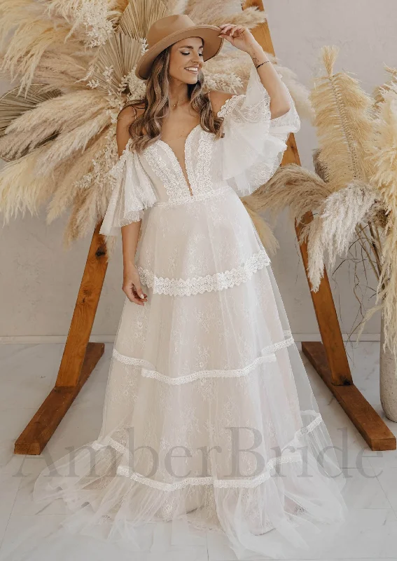 Best wedding dresses for curvy brides-Boho A-Line Lace Wedding Dress with Off-the-Shoulder Design and Lace Detailing Best wedding dresses for curvy brides-Boho A-Line Lace Wedding Dress with Off-the-Shoulder Design and Lace Detailing